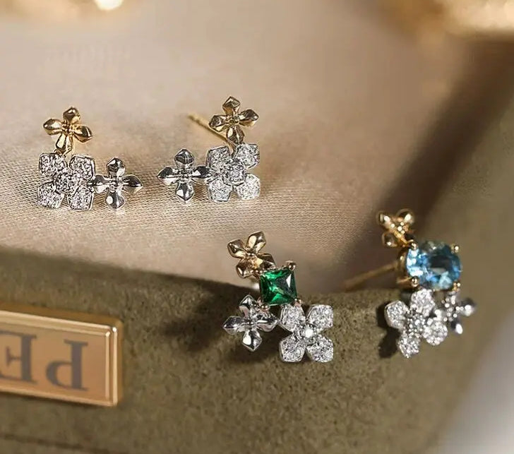 Cluster Aquamarine & Diamonds PT950 Earring, Dainty Flower Design Earrings, Mixed Style Two Tone Gold Earrings Etsy