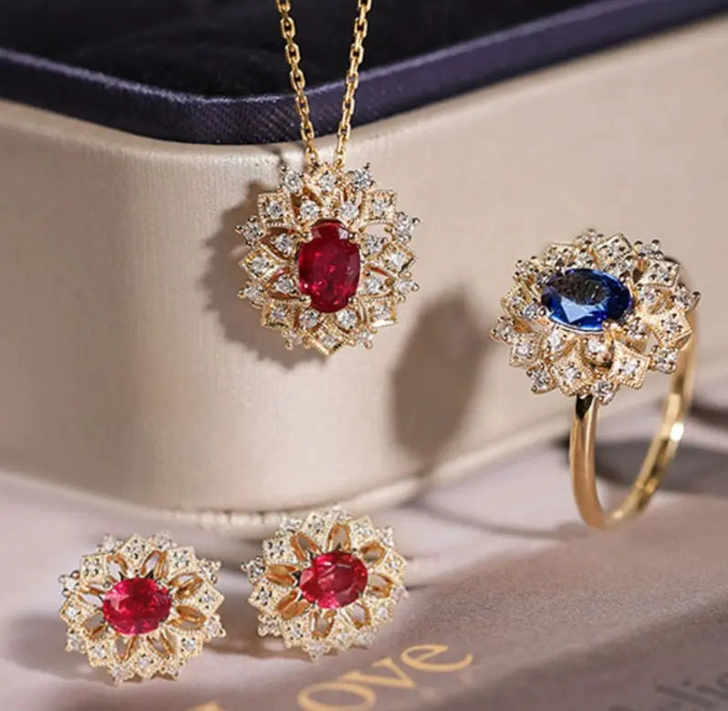Sri Lanka Royal Blue Sapphire & Ruby Jewelry Set, Victorian Oval Cut Sapphire Jewely Set, Blue Sapphire Ring Earring Necklace Etsy