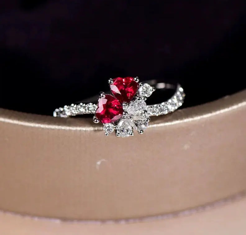 Supeier Heart Shape Ruby & Diamonds PT950 Ring, Cluster Ruby Ring, Wedding Red Gemstone Ring - LaCorserArtJewelry