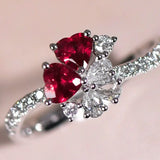 Supeier Heart Shape Ruby & Diamonds PT950 Ring, Cluster Ruby Ring, Wedding Red Gemstone Ring - LaCorserArtJewelry