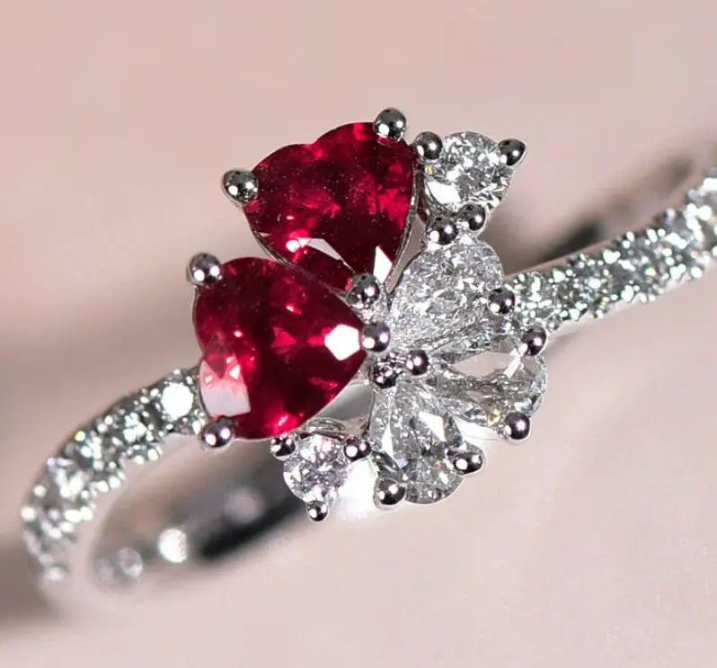 Supeier Heart Shape Ruby & Diamonds PT950 Ring, Cluster Ruby Ring, Wedding Red Gemstone Ring - LaCorserArtJewelry