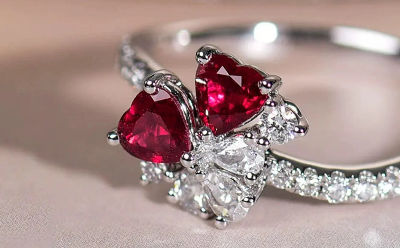 Supeier Heart Shape Ruby & Diamonds PT950 Ring, Cluster Ruby Ring, Wedding Red Gemstone Ring - LaCorserArtJewelry