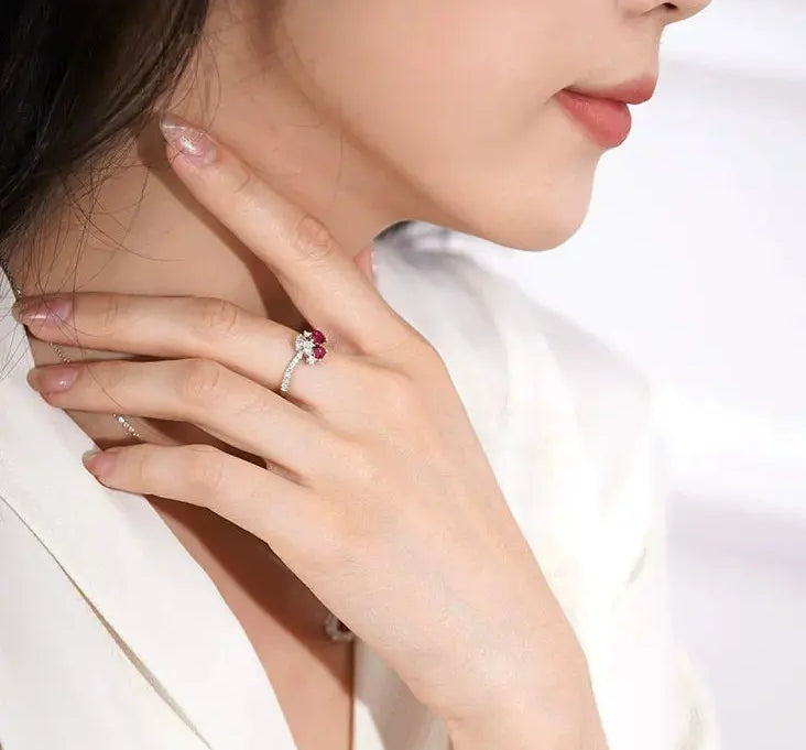 Supeier Heart Shape Ruby & Diamonds PT950 Ring, Cluster Ruby Ring, Wedding Red Gemstone Ring - LaCorserArtJewelry