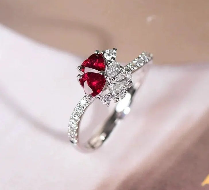 Supeier Heart Shape Ruby & Diamonds PT950 Ring, Cluster Ruby Ring, Wedding Red Gemstone Ring - LaCorserArtJewelry