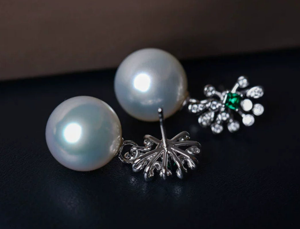 Natural Australian South Sea Pearls Art Deco PT950 Earring, White Diamonds Stud Earring, Two in one Jeweley Etsy