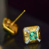 Octagon Emerald 18k Yellow Gold Earring, Brush Finish Gold Stud Earring, Natural White Diamonds Italy Craft Carved Earring Etsy