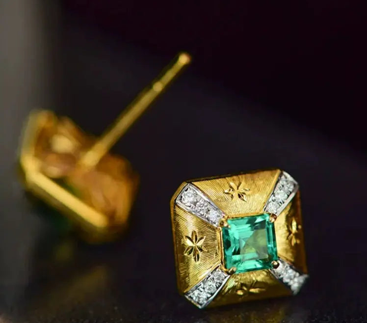 Octagon Emerald 18k Yellow Gold Earring, Brush Finish Gold Stud Earring, Natural White Diamonds Italy Craft Carved Earring Etsy