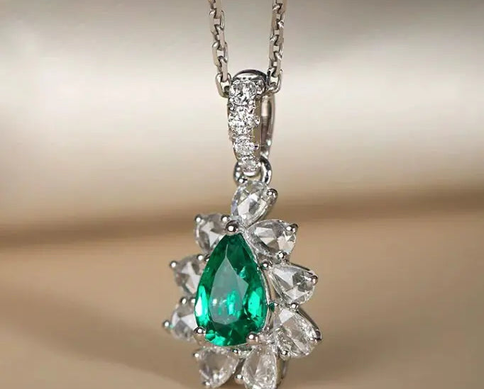 Pear Rose Cut White Diamond & Colombia Emerald PT 950 Necklace, Green Gemstone Jewelry Set, May Birthstone Necklace Etsy