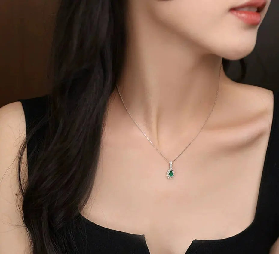 Pear Rose Cut White Diamond & Colombia Emerald PT 950 Necklace, Green Gemstone Jewelry Set, May Birthstone Necklace Etsy