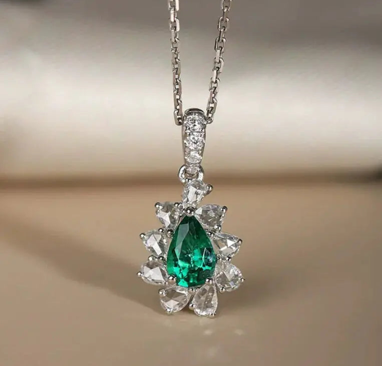 Pear Rose Cut White Diamond & Colombia Emerald PT 950 Necklace, Green Gemstone Jewelry Set, May Birthstone Necklace Etsy