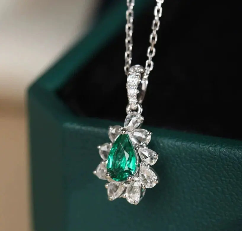 Pear Rose Cut White Diamond & Colombia Emerald PT 950 Necklace, Green Gemstone Jewelry Set, May Birthstone Necklace Etsy