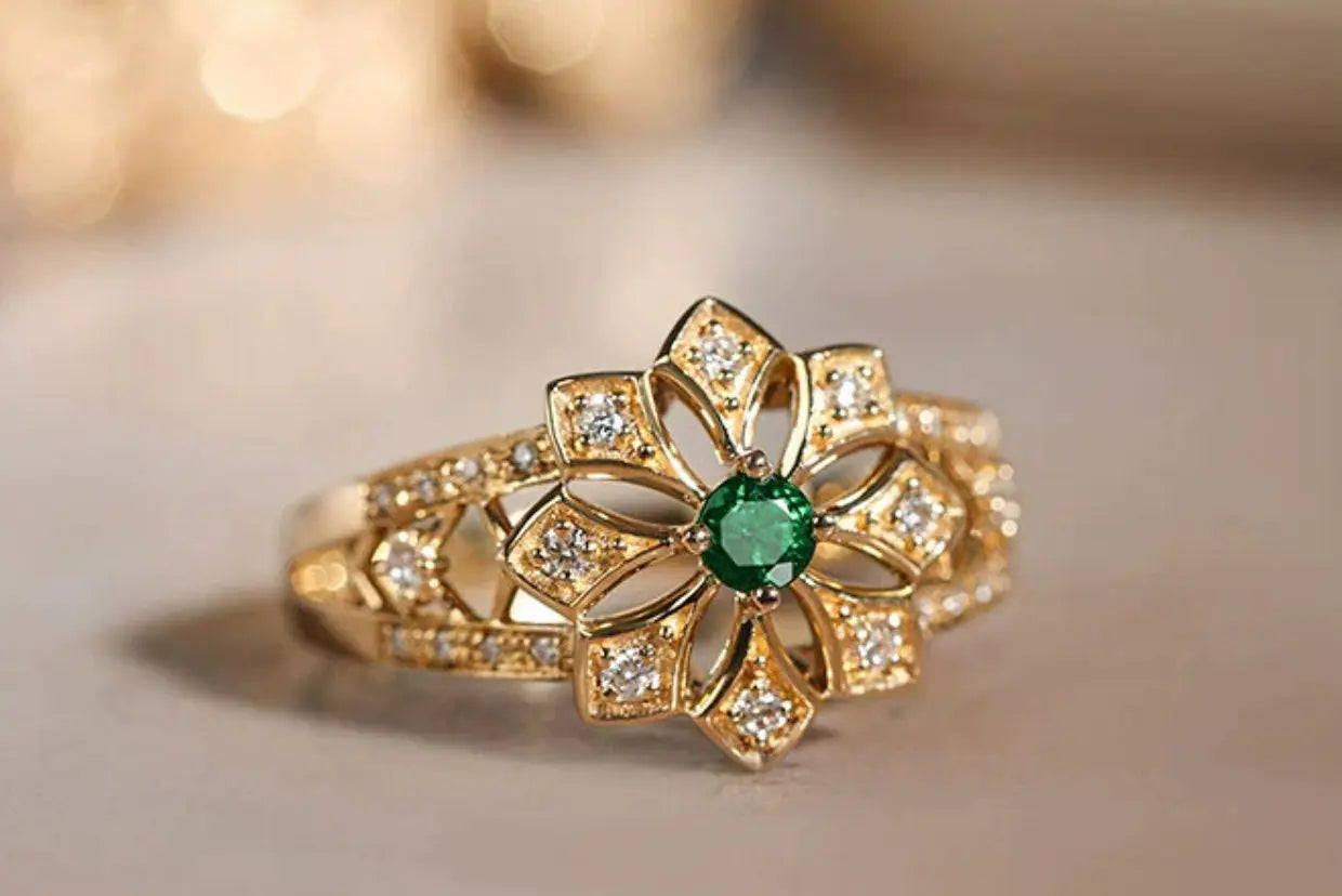 18k Solid Gold Victorian Style Necklace Set with Emerald & Diamond, Flower Shape Green Gemstone Necklace Etsy