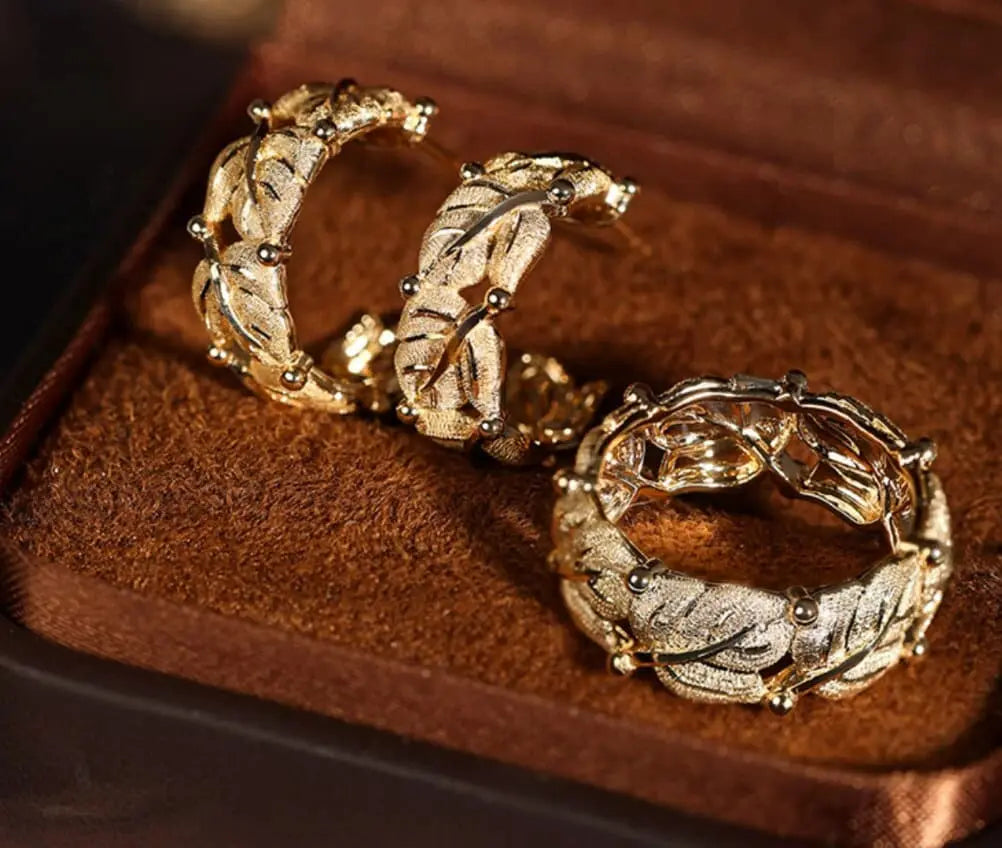 Maple Leaf 18K Yellow Gold Carved Ring Earrings - Nature Inspired Brush Finish Etsy
