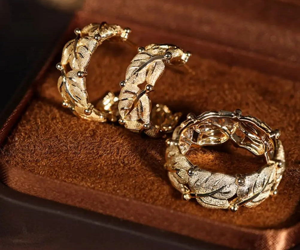Maple Leaf 18K Yellow Gold Carved Ring Earrings - Nature Inspired Brush Finish Etsy