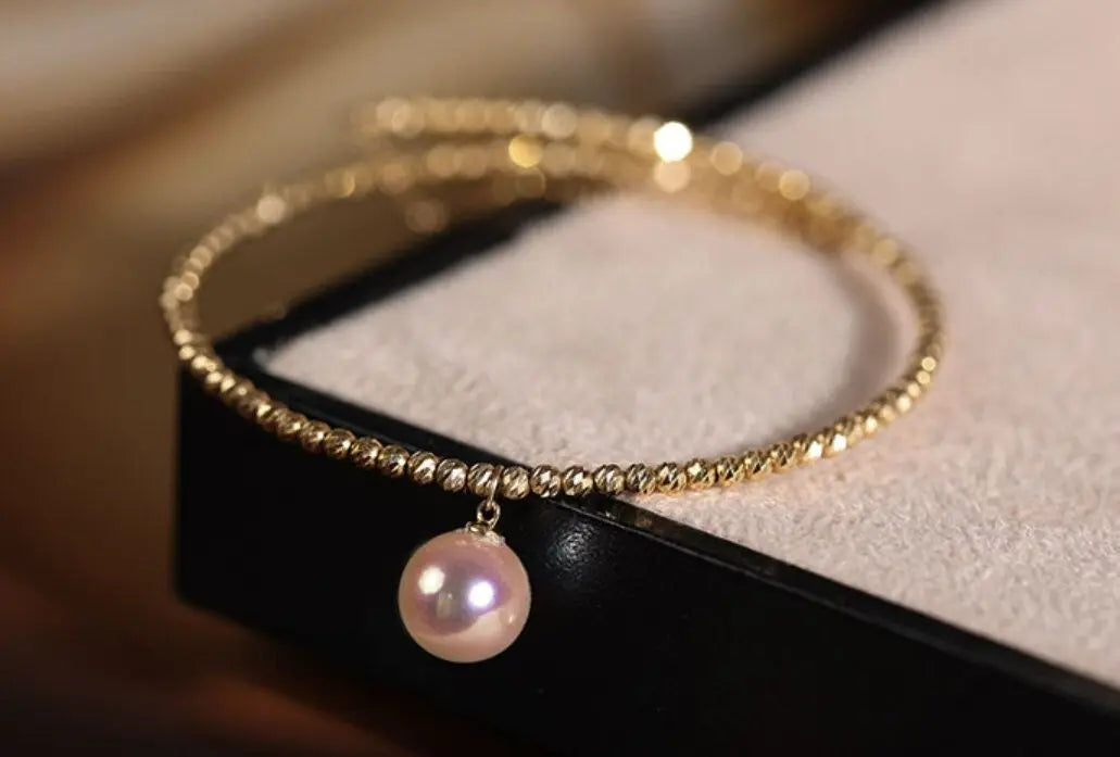 18K Laser Gold Ball Bracelet with Japan Akoya Pearl , 18k Yellow Gold Stacking Bracelet, Valentine's Day Gift Idea for Her Etsy