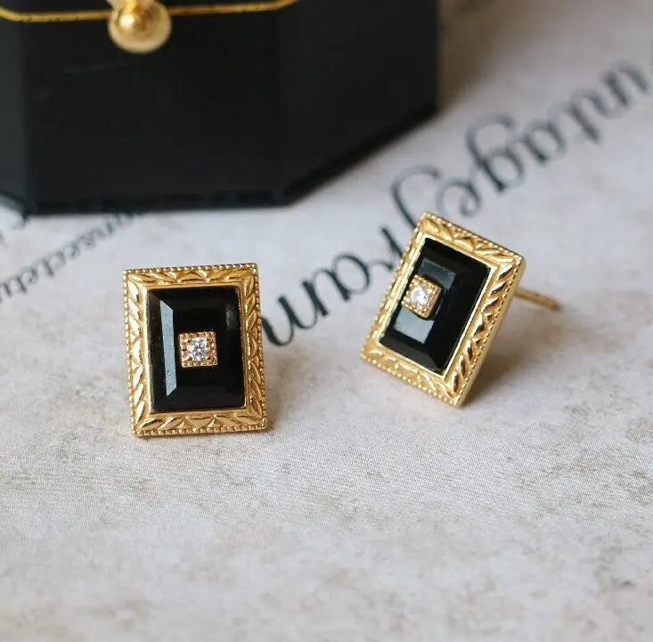 Natural Onyx & Moissanite Earrings, 18K Yellow Gold Plated Vermeil Earrings, Black Agate Earrings, Anniversary Gift Idea, Retro Jewelry Etsy