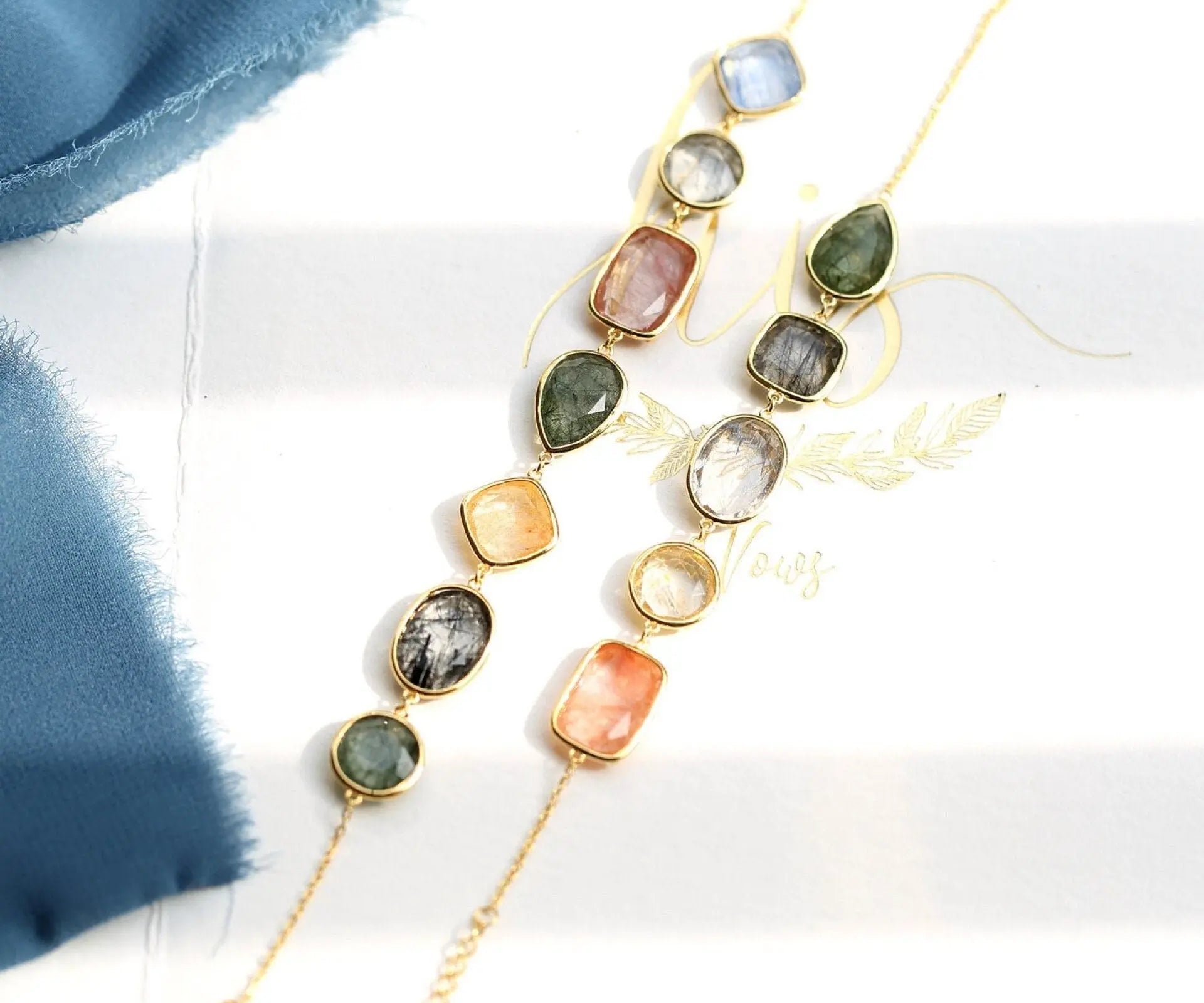 Natural Actinolite Tourmalinated Rutilated Quartz Bracelet, Handmade 18k Gold Vermail Bracelet, Anniversary Gift Idea Retro Jewelry - LaCorserArtJewelry