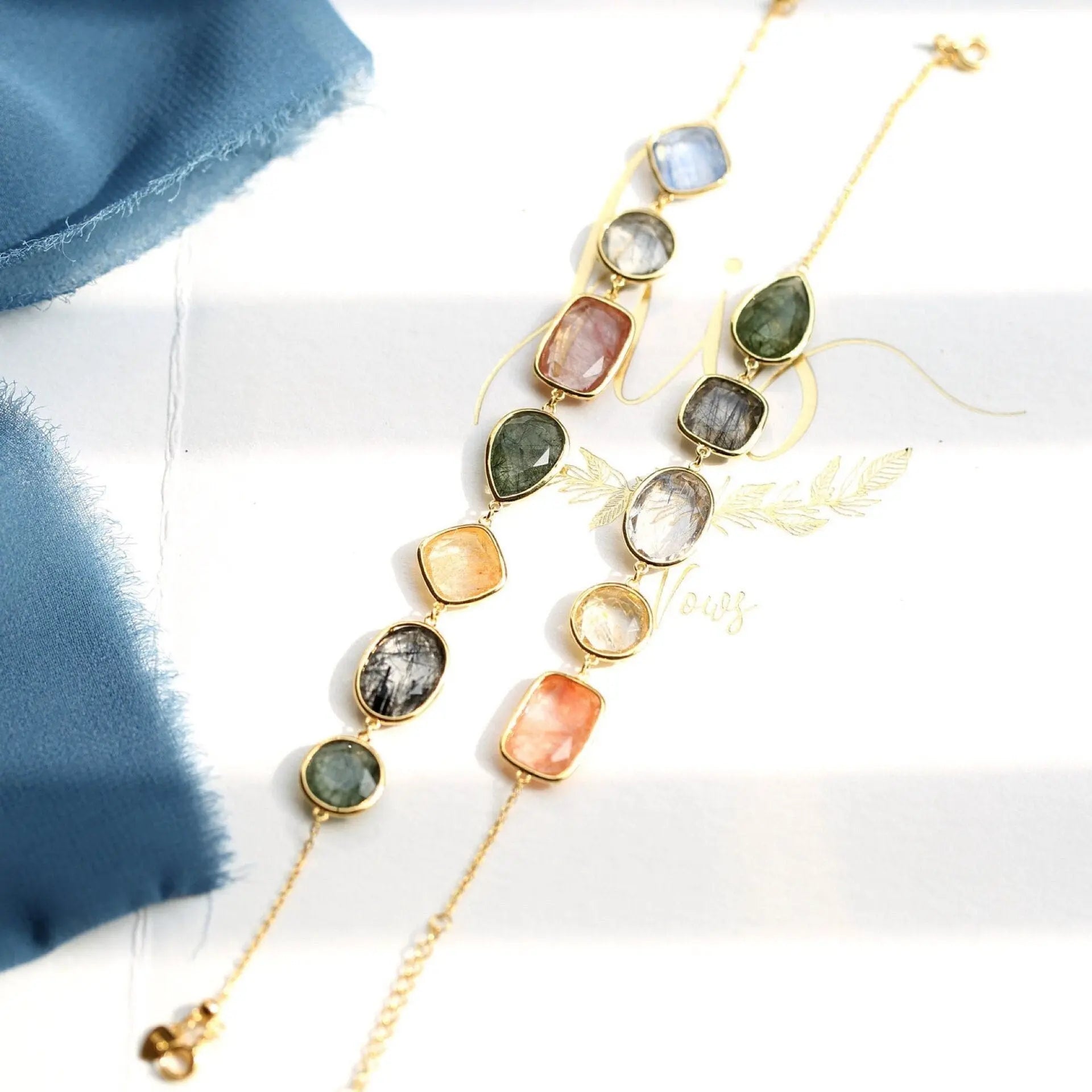 Natural Actinolite Tourmalinated Rutilated Quartz Bracelet, Handmade 18k Gold Vermail Bracelet, Anniversary Gift Idea Retro Jewelry - LaCorserArtJewelry