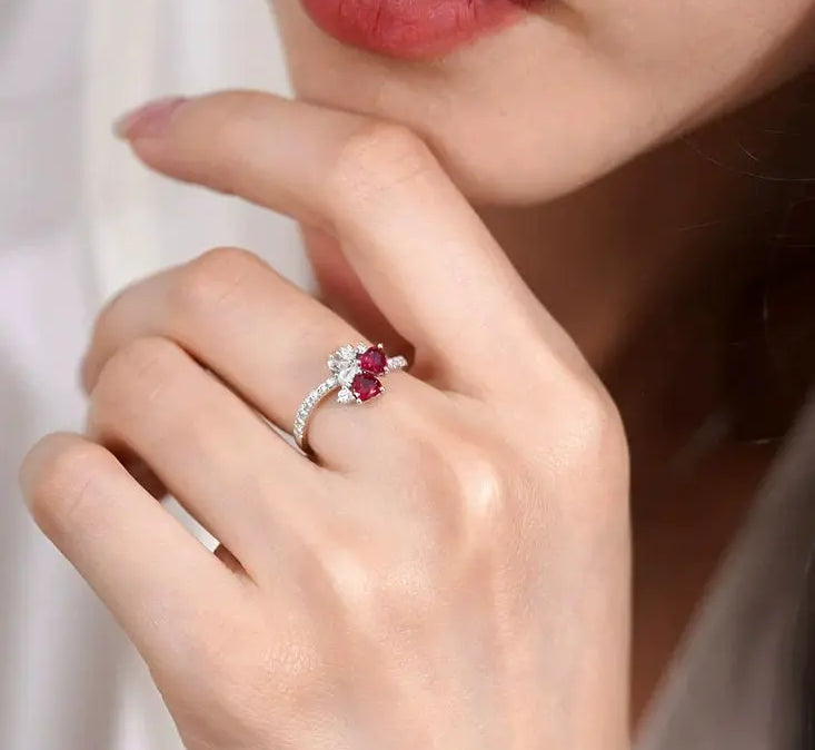 Supeier Heart Shape Ruby & Diamonds PT950 Ring, Cluster Ruby Ring, Wedding Red Gemstone Ring - LaCorserArtJewelry