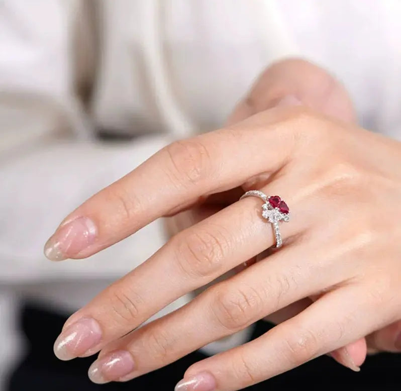 Supeier Heart Shape Ruby & Diamonds PT950 Ring, Cluster Ruby Ring, Wedding Red Gemstone Ring - LaCorserArtJewelry