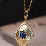 Royal Blue Sapphire Princess Cut 18kt Necklace, White Diamonds Matte Finish Jewelry, Marquise Shape Necklace Etsy