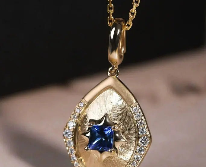 Royal Blue Sapphire Princess Cut 18kt Necklace, White Diamonds Matte Finish Jewelry, Marquise Shape Necklace Etsy