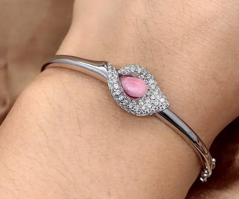 Queen Conch Pearl & White Diamond Calla Lily Bracelets 18K Solid White Gold Flower Bracelets (Customize), Strombus Gigas, Flamed Pink Pearl - LaCorserArtJewelry
