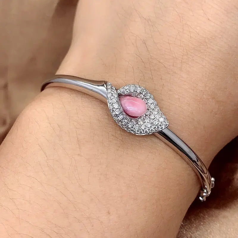 Queen Conch Pearl & White Diamond Calla Lily Bracelets 18K Solid White Gold Flower Bracelets (Customize), Strombus Gigas, Flamed Pink Pearl - LaCorserArtJewelry