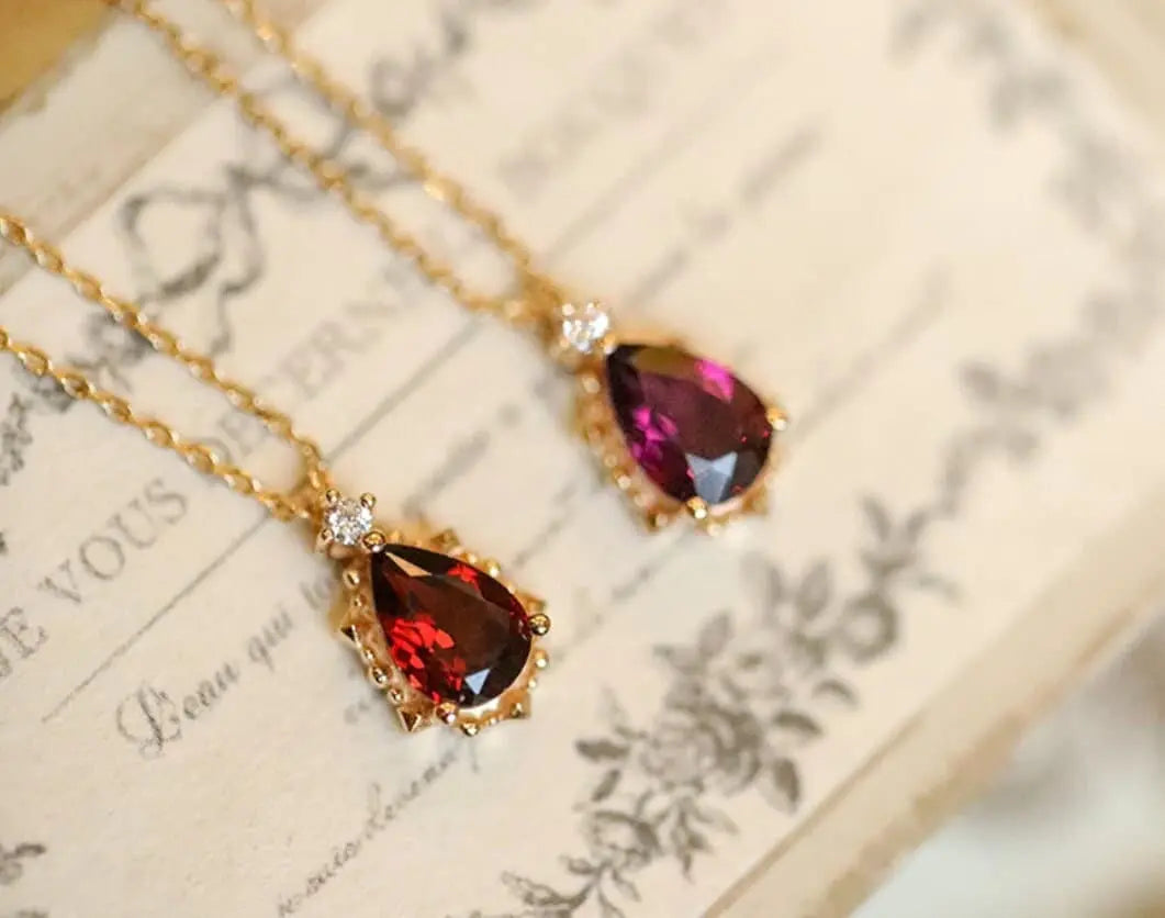 Natural Garnet Teardrop & White Diamond Necklace Handmade 18K Solid Yellow Gold Necklace, Gift for Her, Anniversary Gift Idea, Retro Jewelry Etsy