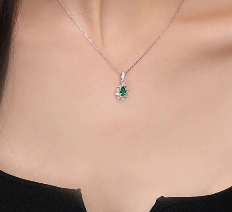 Pear Rose Cut White Diamond & Colombia Emerald PT 950 Necklace, Green Gemstone Jewelry Set, May Birthstone Necklace Etsy