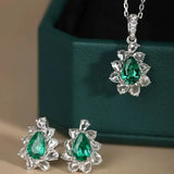 Pear Rose Cut White Diamond & Colombia Emerald PT 950 Necklace, Green Gemstone Jewelry Set, May Birthstone Necklace Etsy