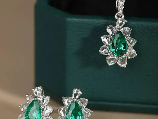 Pear Rose Cut White Diamond & Colombia Emerald PT 950 Necklace, Green Gemstone Jewelry Set, May Birthstone Necklace Etsy