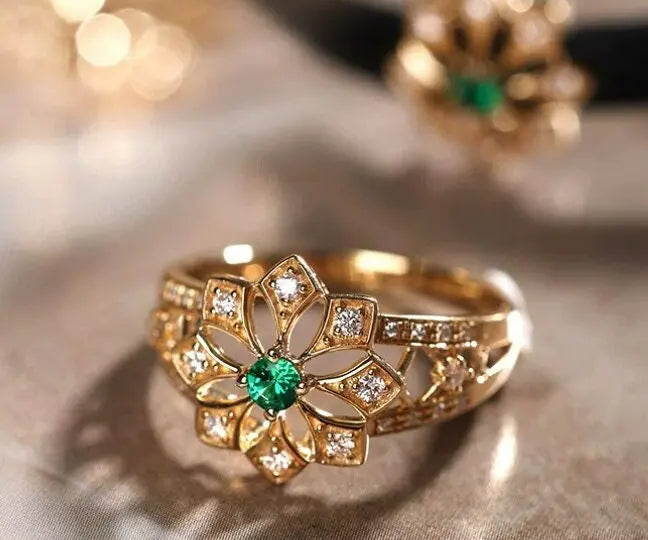 18k Solid Gold Victorian Style Necklace Set with Emerald & Diamond, Flower Shape Green Gemstone Necklace Etsy