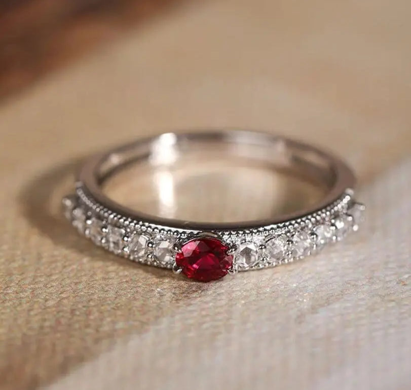 Platinum 950 Natural Ruby & Diamonds, Red Gemstone Ring, Natural Ruby Diamonds Ring, Victorian Retro Style Ring - LaCorserArtJewelry
