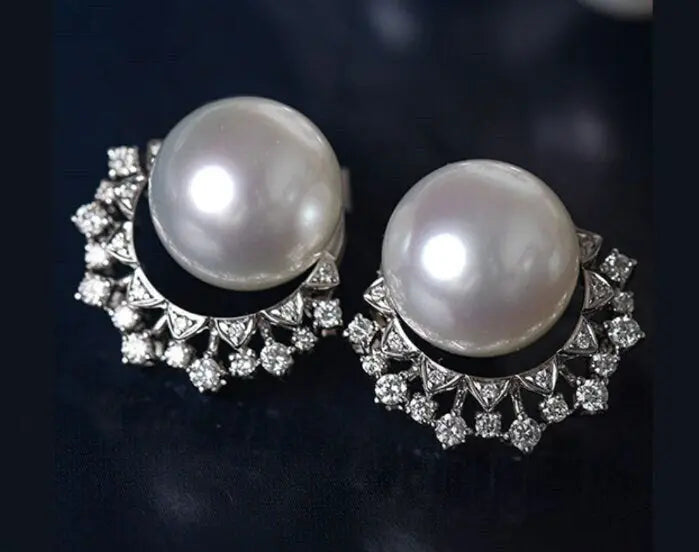 Huge Australian South Sea White Pearl 18k Earrings, Cluster White Diamonds Earrings, 18K Solid White Gold Earrings, Seawater White Pearls Etsy