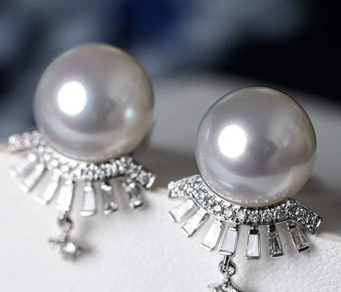 Finest Quality Australian South Sea White Pearl 18k Earrings, Natural White Diamonds 18K Solid White Gold Earrings, Two in one Stud Earrings Etsy