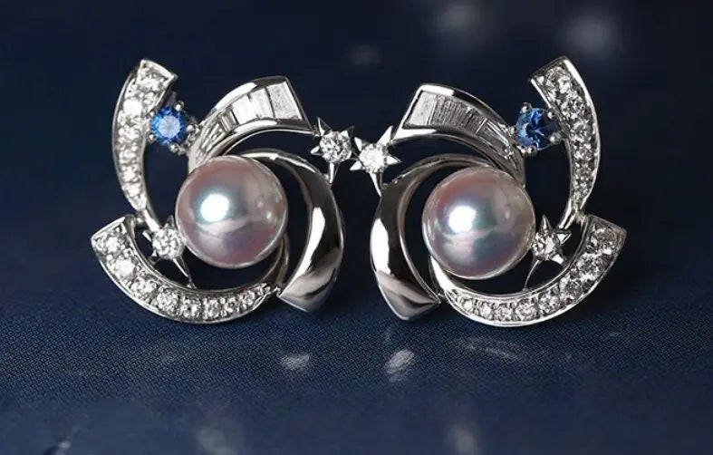 Galaxy Design Earrings with Akoya Pearl Art Deco Earrings, Natural White Diamonds Studs Earrings, 18K White Gold Blue Sapphire Earrings Etsy