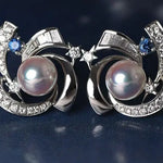 Galaxy Design Earrings with Akoya Pearl Art Deco Earrings, Natural White Diamonds Studs Earrings, 18K White Gold Blue Sapphire Earrings Etsy