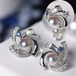 Galaxy Design Earrings with Akoya Pearl Art Deco Earrings, Natural White Diamonds Studs Earrings, 18K White Gold Blue Sapphire Earrings Etsy