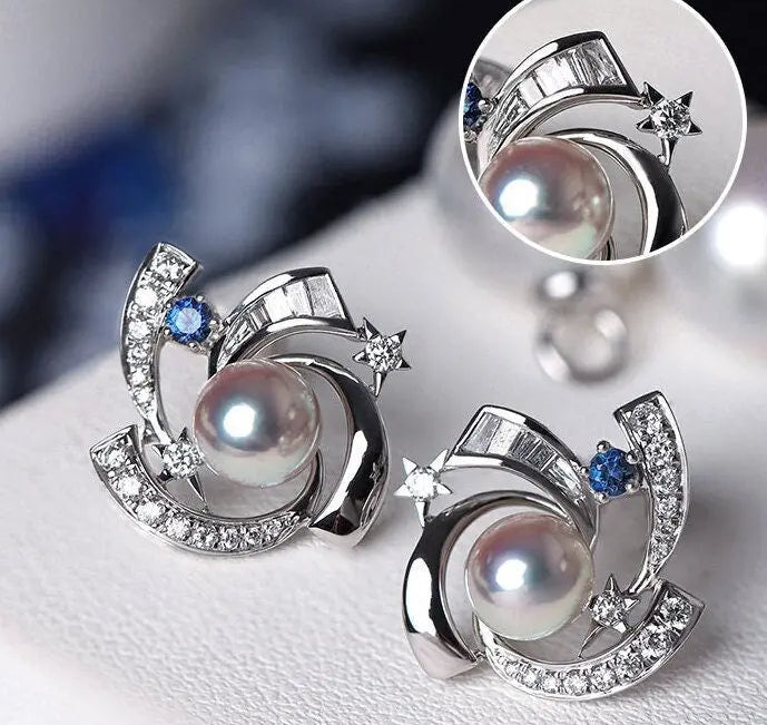 Galaxy Design Earrings with Akoya Pearl Art Deco Earrings, Natural White Diamonds Studs Earrings, 18K White Gold Blue Sapphire Earrings Etsy