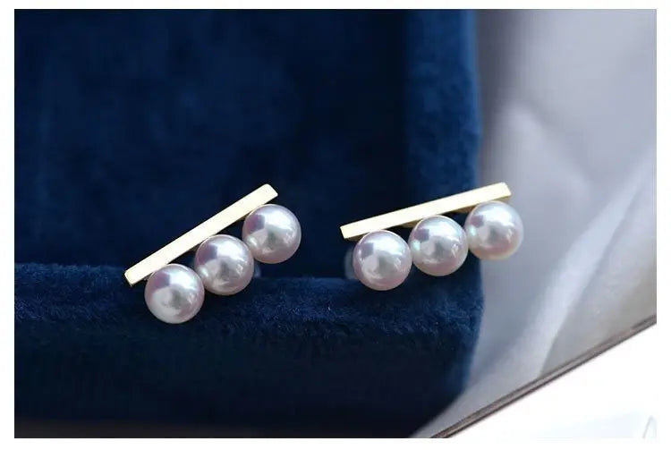 Three Akoya Pearl 18K Earrings, 18k Solid Yellow Gold Minimalist Earrings, Pearl Stud Earrings, Valentine's Day Gift Idea for GF Her Etsy