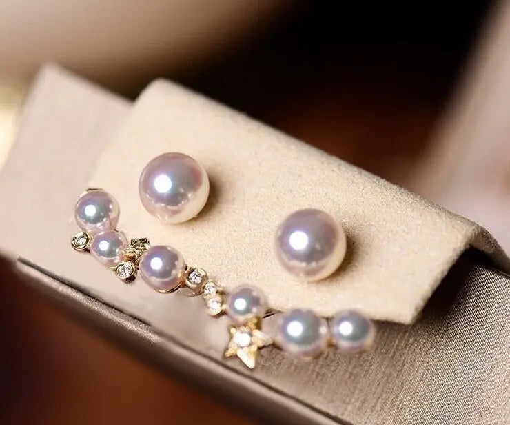 Cluster Star Akoya Pearl 18K Earrings, 18k Solid Yellow Gold Stud Earrings, Polaris Diamonds Earrings, Valentine's Day Gift Idea for GF Etsy