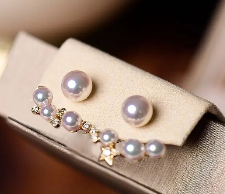 Cluster Star Akoya Pearl 18K Earrings, 18k Solid Yellow Gold Stud Earrings, Polaris Diamonds Earrings, Valentine's Day Gift Idea for GF Etsy