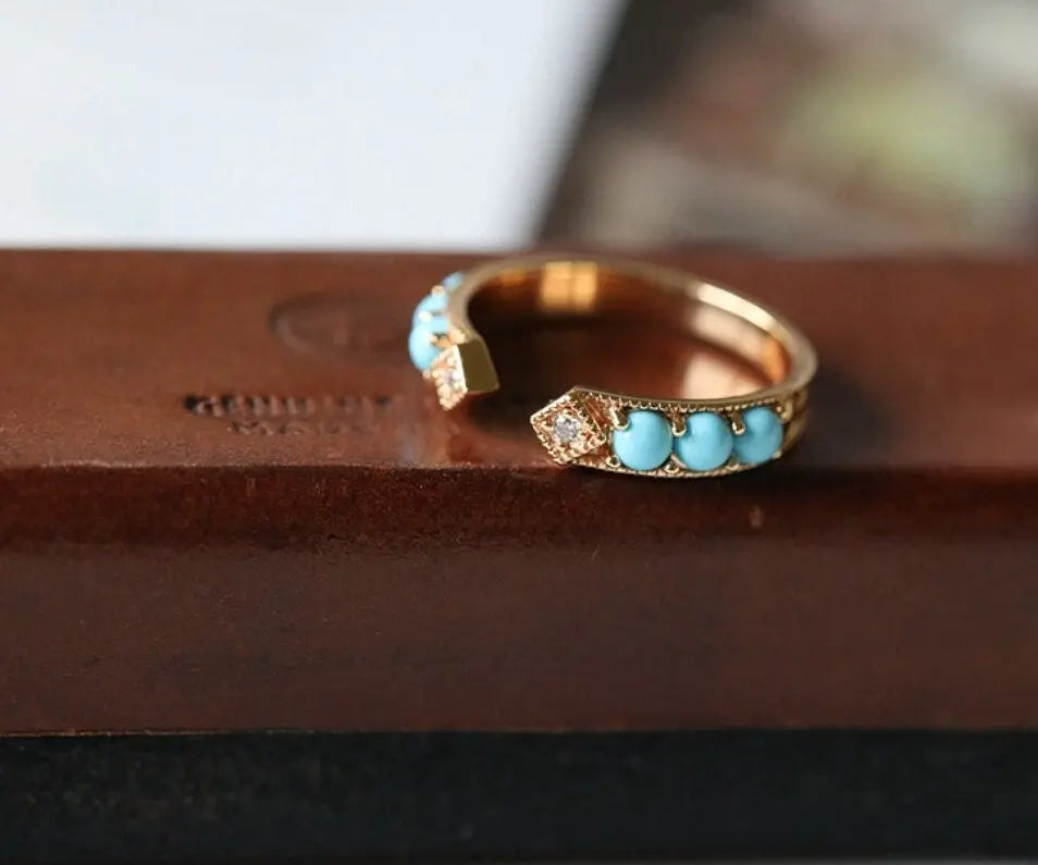 Turquoise Cabochen & White Diamond Ring Handmade 18K Solid Yellow Gold Open Ring, Carved Ring, Anniversary Gift Idea, Retro Jewelry - LaCorserArtJewelry