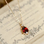 Natural Garnet Teardrop & White Diamond Necklace Handmade 18K Solid Yellow Gold Necklace, Gift for Her, Anniversary Gift Idea, Retro Jewelry Etsy