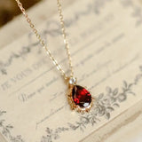 Natural Garnet Teardrop & White Diamond Necklace Handmade 18K Solid Yellow Gold Necklace, Gift for Her, Anniversary Gift Idea, Retro Jewelry Etsy