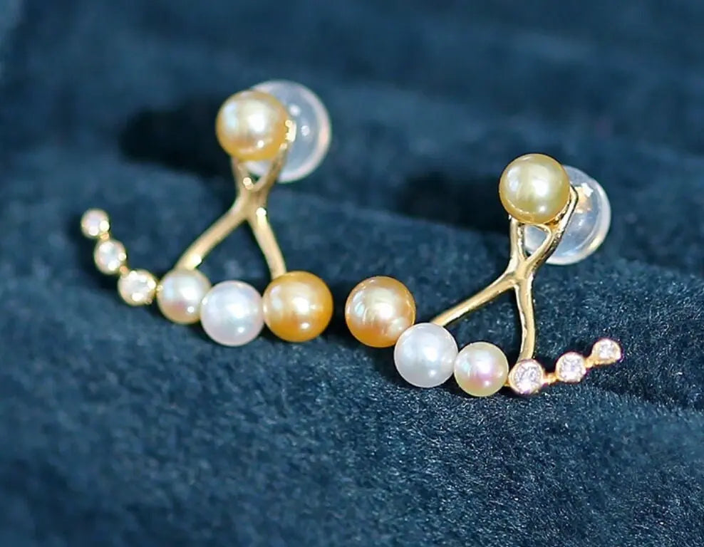 4mm Akoya Golden Baby Pearl & Diamonds Earrings - 18K Gold Etsy