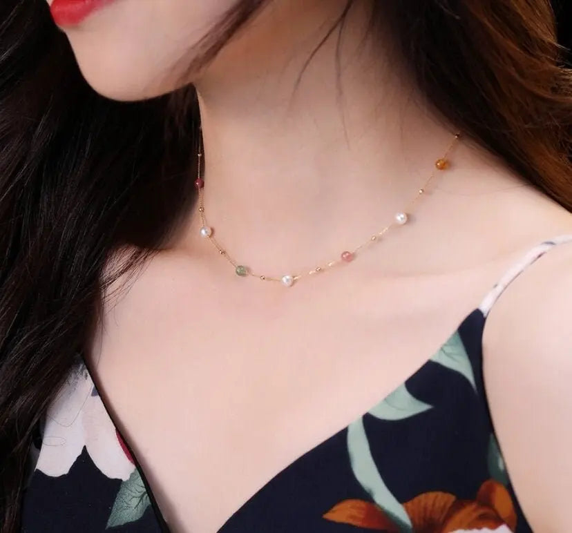 5A+ High Luster White Pearl & Tourmaline Handmade 18k Yellow Gold Beaded Pearl Necklace, Freshwater Pearl Choker, Baby Pearl, Beaded Choker - LaCorserArtJewelry
