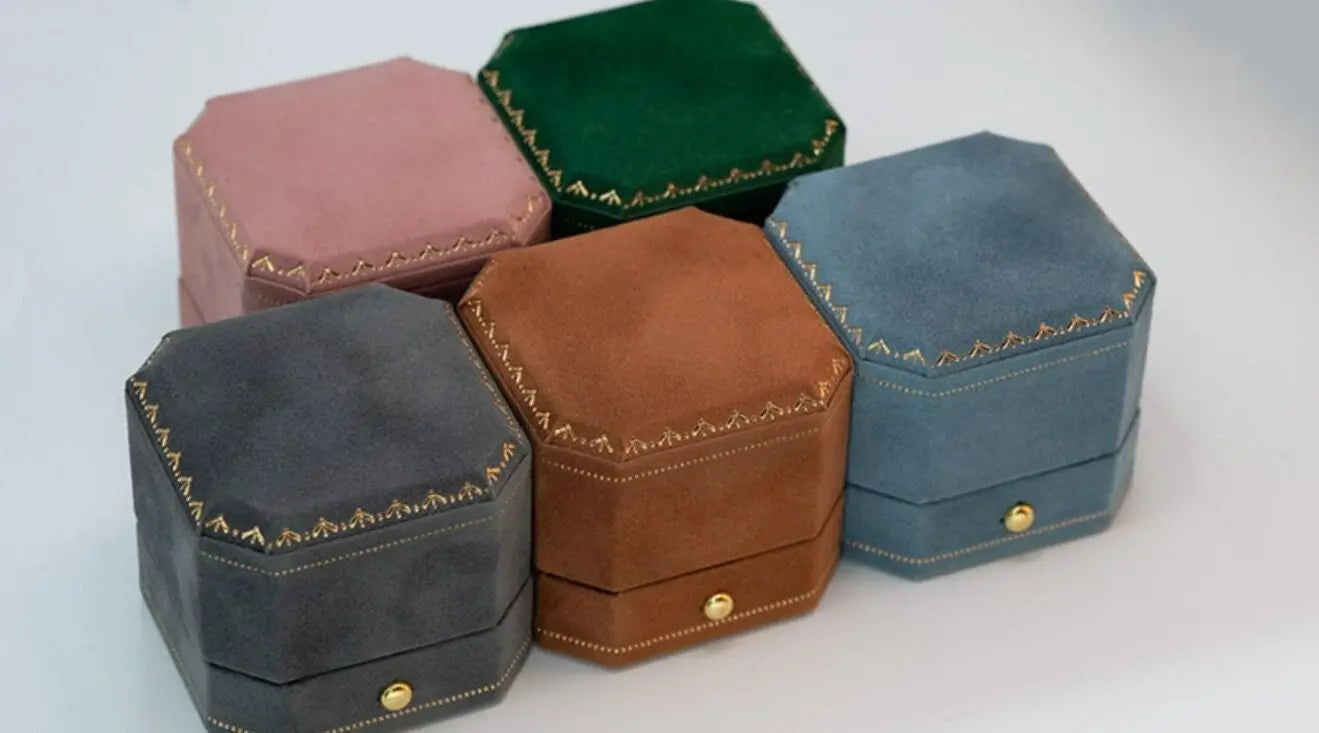 Viridian Velvet Leather Mini Ring Box Double Octagon Ring Box Handmade from Japan Engagement & Wedding Set Elegant Keepsake Box - LaCorserArtJewelry