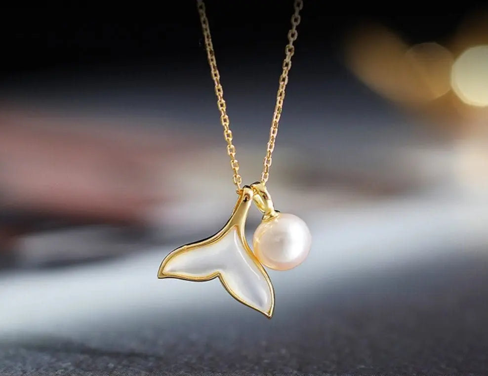 8mm Natural High Luster Pearl & Mother of Pearl Handmade 18K Gold Plated Vermeil Necklace, Dolphin Fin Necklace, Ocean Lover, Gift Idea - LaCorserArtJewelry